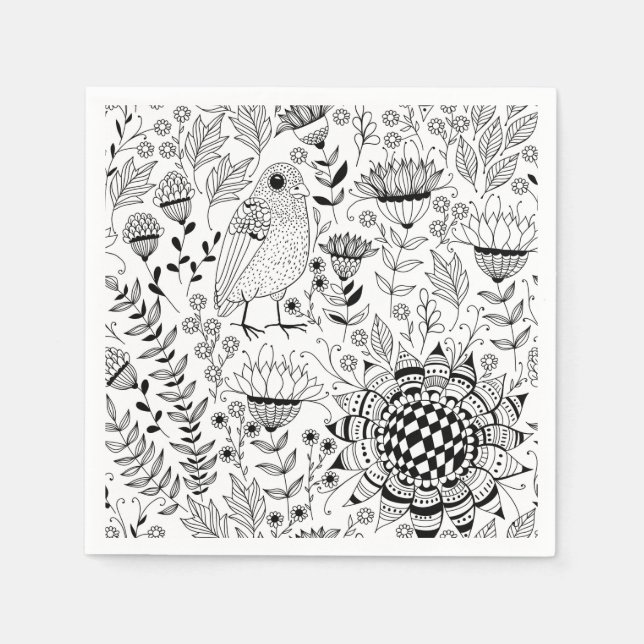 Serviettes Jetables Motif de doodle d'oiseaux et de fleurs (Devant)