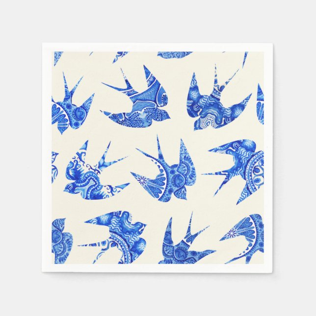 Serviettes Jetables Motif d'oiseaux avirés bleu aquarelle (Devant)