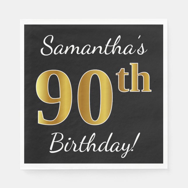 Serviettes Jetables Noir, Faux Gold 90e anniversaire + Nom personnalis (Devant)