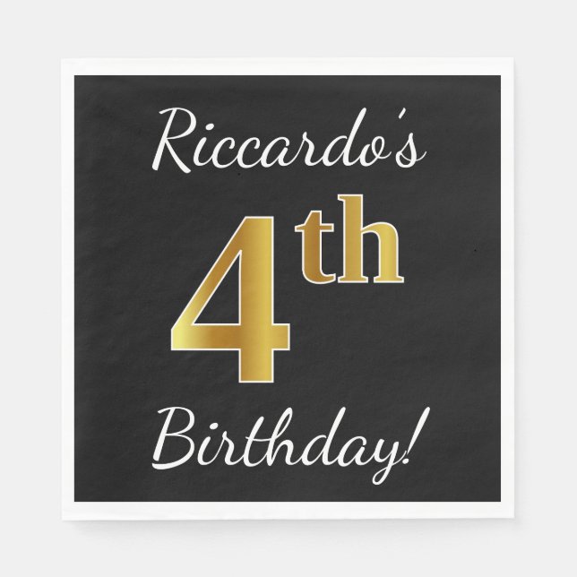 Serviettes Jetables Noir, Faux Or 4e Anniversaire + Nom Personnalisé (Devant)