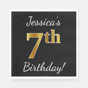 Serviettes Jetables Noir, Faux Or 7ème anniversaire + Nom personnalisé