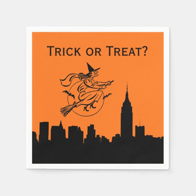 Serviettes Jetables NYC Skyline Silhouette Halloween Flying Witch (Devant)