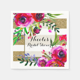 Serviettes Jetables Or Blanc Rayures Gras Glam Floral Réception de Mar