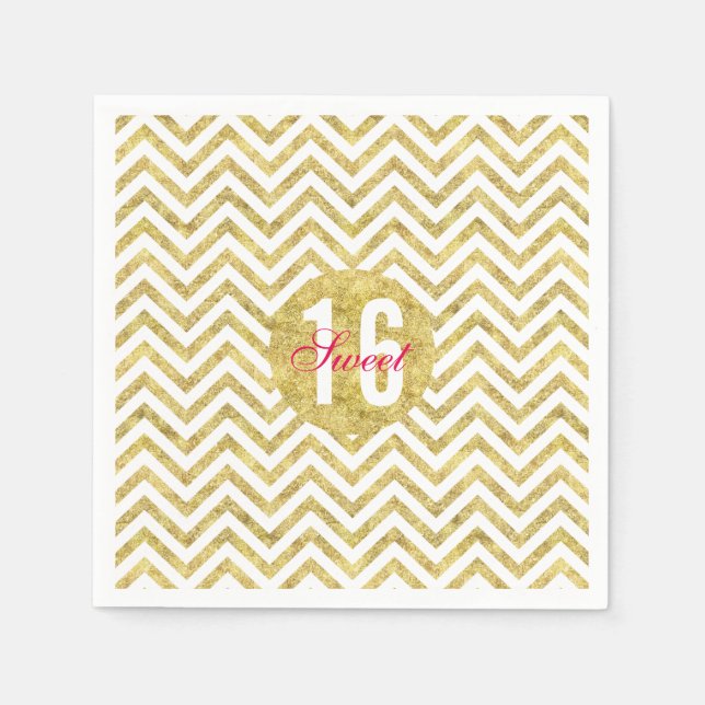 Serviettes Jetables Or moderne Chevron Stripes Sweet 16 Anniversaire (Devant)