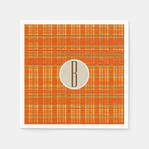 Serviettes Jetables Orange Carreaux & Marron Kraft Monogramme Initial