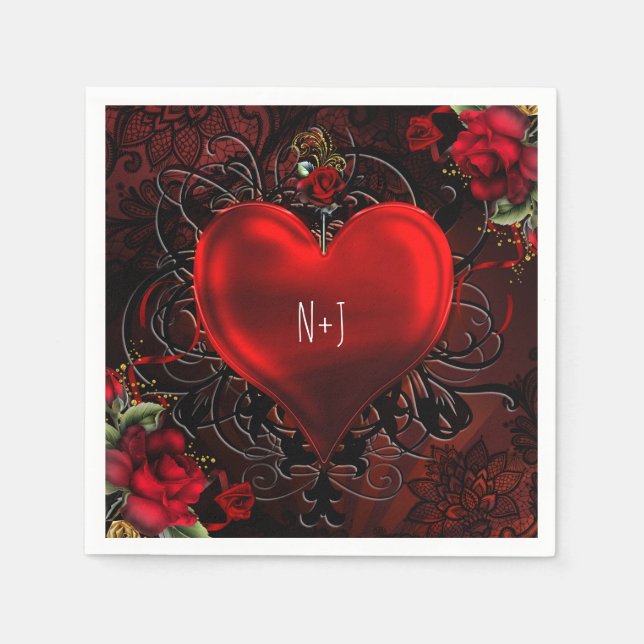 Serviettes Jetables Ornemental Elegant Coeur Floral Black & Red Party (Devant)