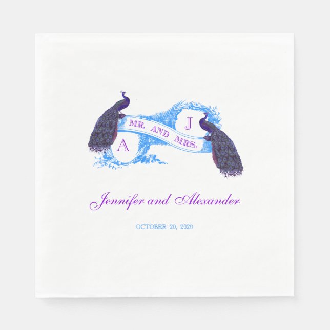 Serviettes Jetables Paon turquoise pourpre épousant les serviettes de (Devant)