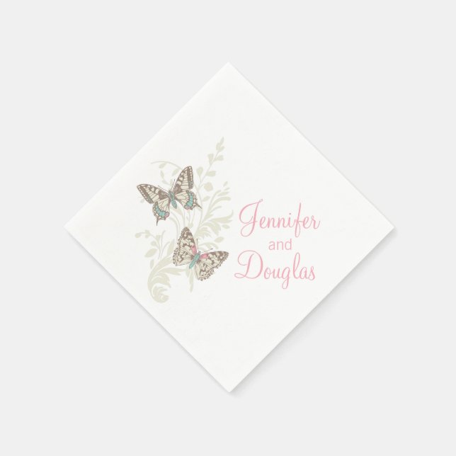 Serviettes Jetables Papier blanc rose mariage papillon (Coin)
