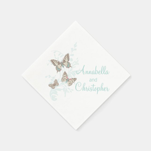 Serviettes Jetables Papier blanc turquoise mariage 3 papillons à encre (Coin)