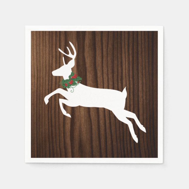 Serviettes Jetables Papier de Noël en bois rustique et cerf blanc (Devant)