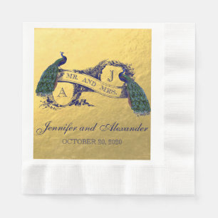 Serviettes Jetables Papier Mariage Faux Gold Foil Peacock