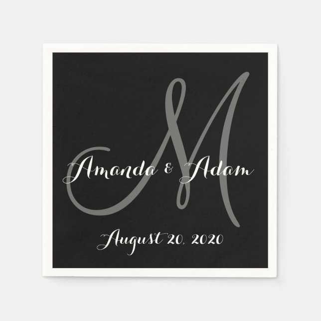 Serviettes Jetables Papier Mariage Monogramme noir et blanc Napkin (Devant)