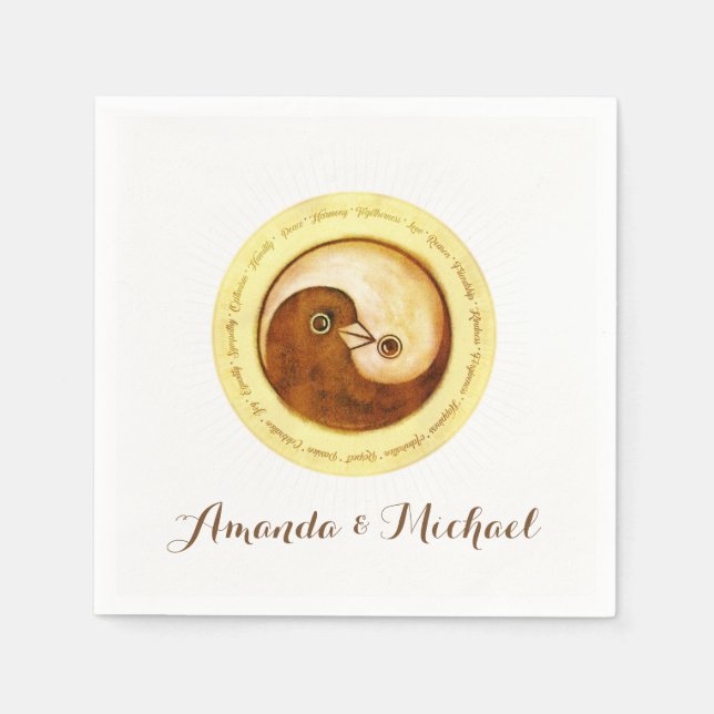 Serviettes Jetables PAPIER mariage NAPKIN. Doves Gold YinYang. (Devant)