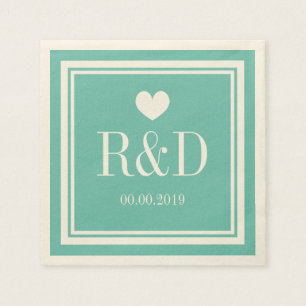 Serviettes Jetables Papier mariage turquoise bleu et écru monogramme