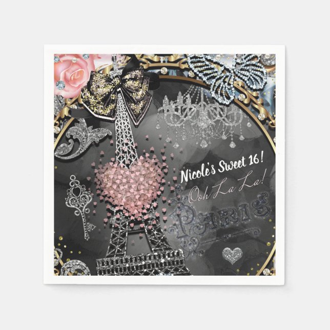 Serviettes Jetables Paris Bling Glamor Sparkle France Sweet 16 Party (Devant)