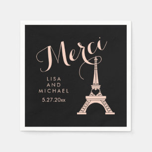 Serviettes Jetables Paris Tour Eiffel Mariage Noir et Rose Merci