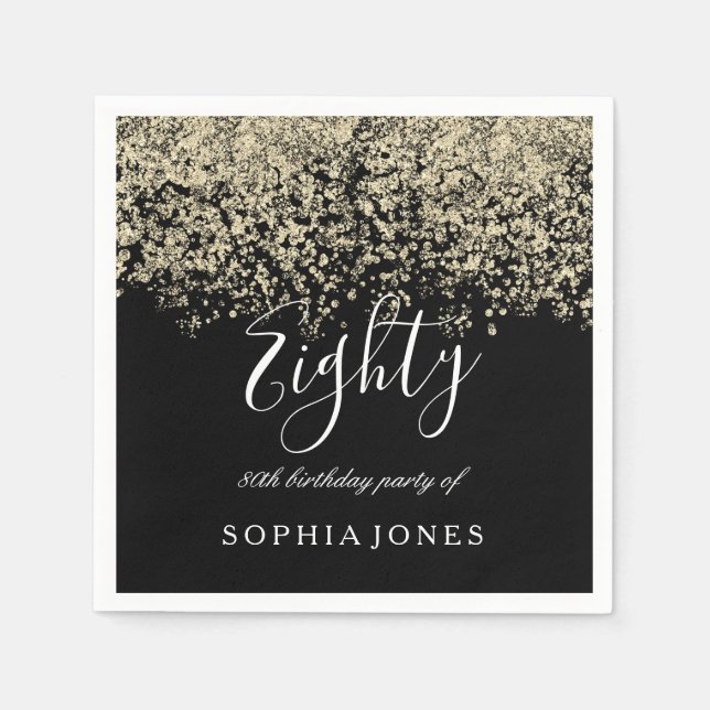 Serviettes Jetables Parties scintillant d'or Confetti Black fête de 80 (Devant)