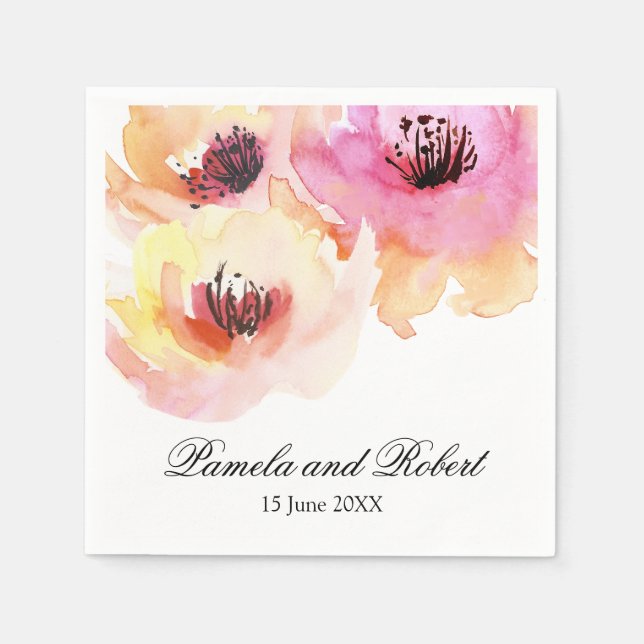 Serviettes Jetables Peach et rose aquarelle Mariage floral (Devant)