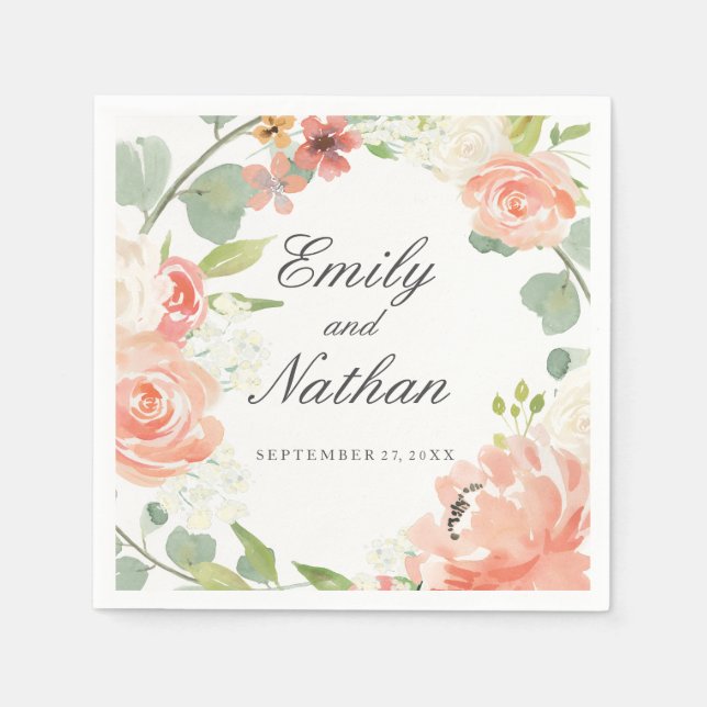 Serviettes Jetables Pêche Aquarelle Floral Mariage Napkin (Devant)