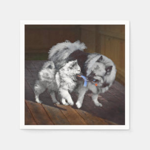 Serviettes Jetables Peinture Keeshond Playtime - Jolie art original ch