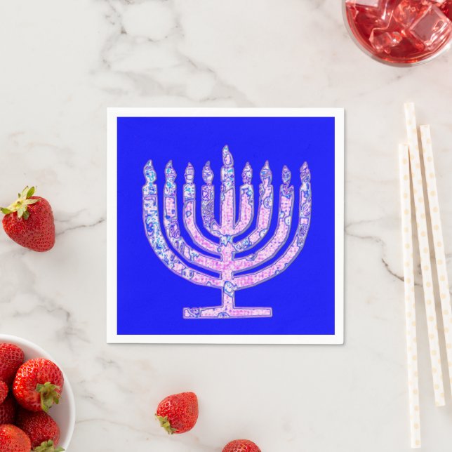 Serviettes Jetables Pink bleu Hanoukka Menorah 4Hannah (En situation)