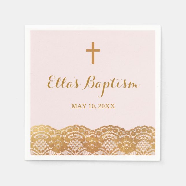 Serviettes Jetables Pink Gold dentelle fille Baptême Napkin (Devant)