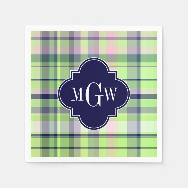 Serviettes Jetables Pistachio Marine rose What Preppy Madras Monogramm (Devant)