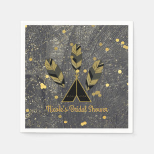 Serviettes Jetables Plume Dessiné à la Main & Tipi Or Noir Boho Glam