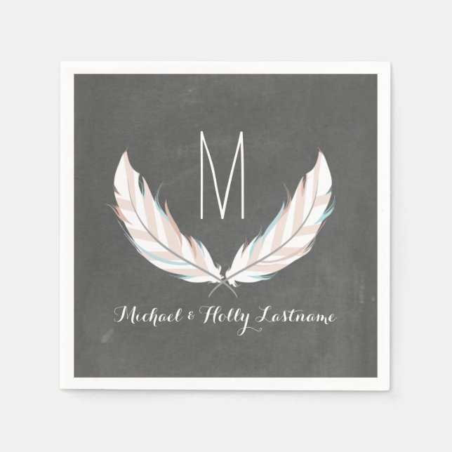 Serviettes Jetables Plumes + Chalkboard Monogram Mariage (Devant)