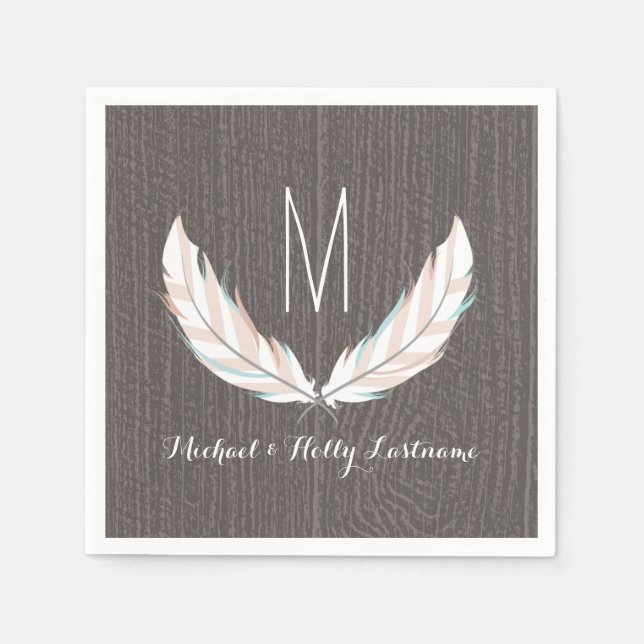 Serviettes Jetables Plumes + Mariage Monogramme en bois de grange (Devant)
