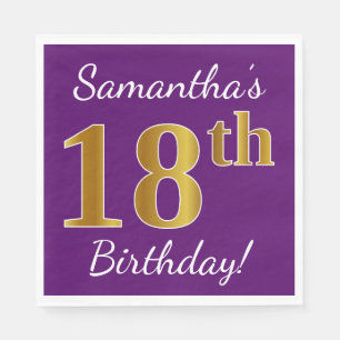 Serviettes Jetables Pourpre, anniversaire d'or de Faux 18ème + Nom