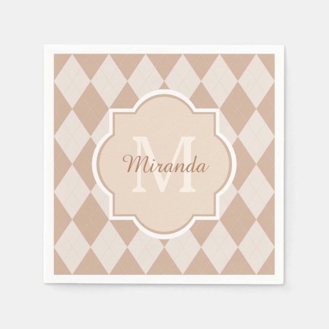 Serviettes Jetables Preppy Light Jacquard Brown Girly Monogramme et no (Devant)