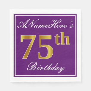 Serviettes Jetables Purple élégant, Faux Gold 75e anniversaire + Nom