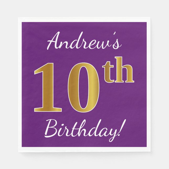 Serviettes Jetables Purple, Faux Gold 10e anniversaire + Nom personnal (Devant)