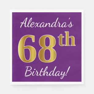 Serviettes Jetables Purple, Faux Gold 68e anniversaire + Nom personnal