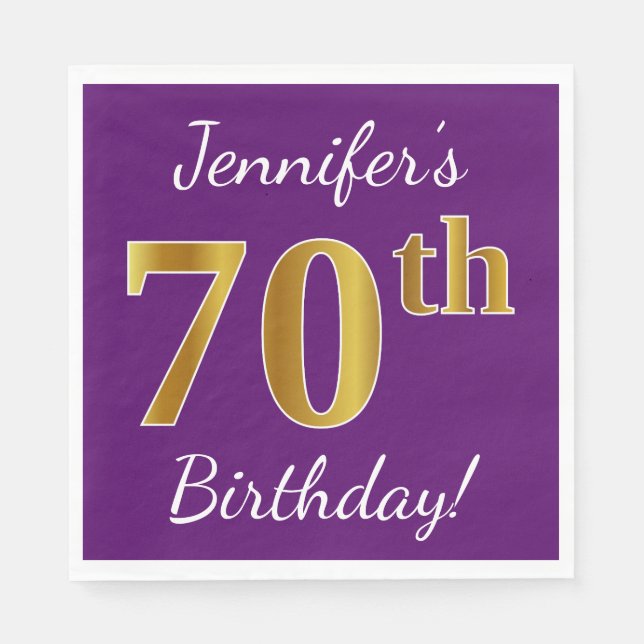 Serviettes Jetables Purple, Faux Gold 70e anniversaire + Nom personnal (Devant)
