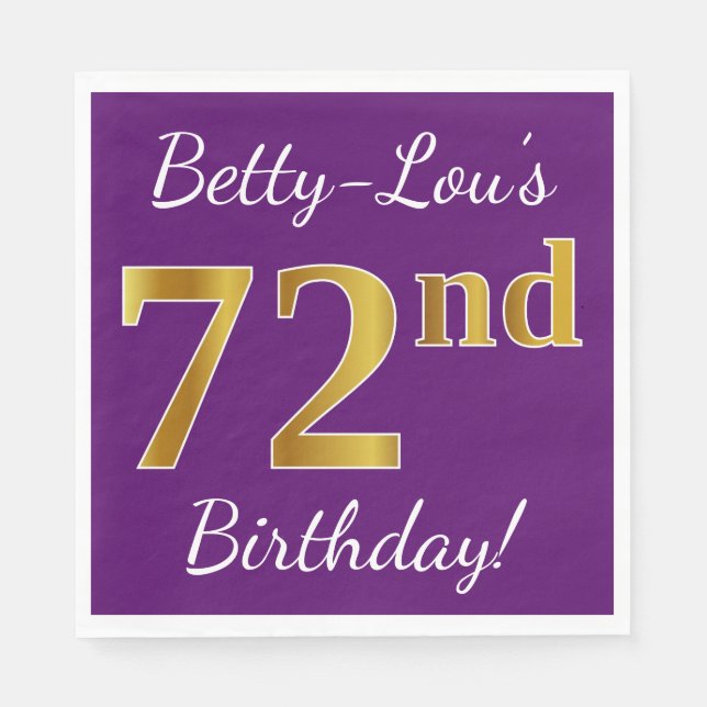 Serviettes Jetables Purple, Faux Gold 72e anniversaire + Nom personnal (Devant)