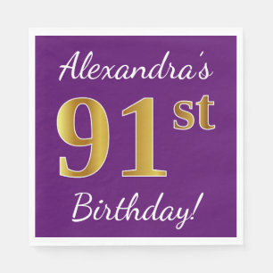 Serviettes Jetables Purple, Faux Gold 91ème anniversaire + Nom personn