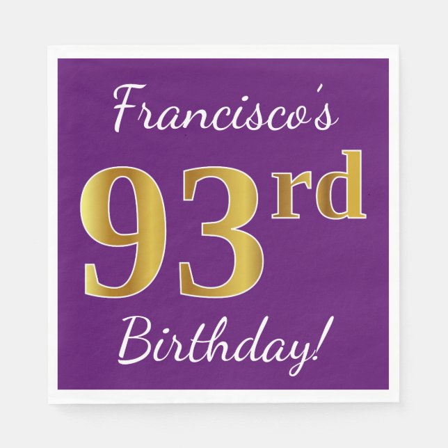 Serviettes Jetables Purple, Faux Gold 93ème anniversaire + Nom personn (Devant)