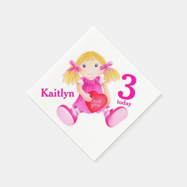 Serviettes Jetables Rag doll art filles 3e Anniversaire serviettes (Coin)