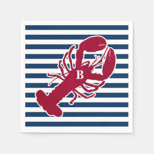 Serviettes Jetables Rayure blanche bleue de monogramme rouge nautique