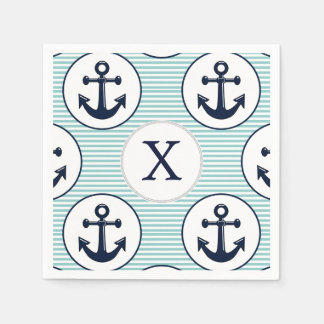 Serviettes Jetables rayures d'aqua, motif nautique à ancre bleue