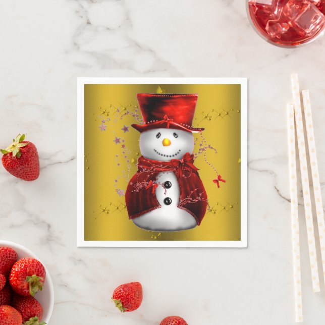Serviettes Jetables Red Snowmen en or (En situation)