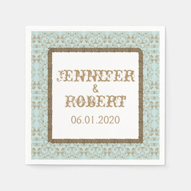Serviettes Jetables Robin Egg Blue et Gold Mariage damassé (Devant)