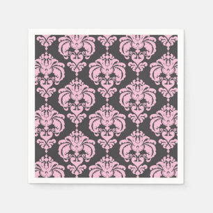 Serviettes Jetables Rose Clair Gris Damassé Motif Chic Élégant Fête