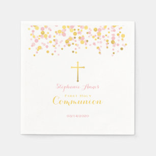 Serviettes Jetables Rose de communion et confettis d'or