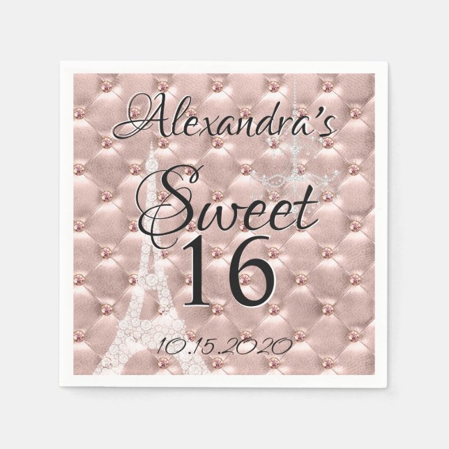 Serviettes Jetables Rose Gold Paris Sweet sixteen fête d'anniversaire (Devant)