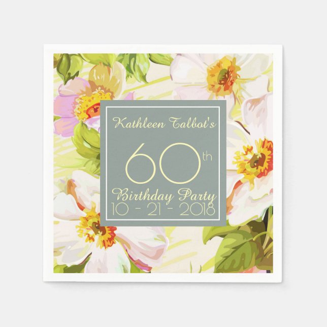 Serviettes Jetables Rose Peonies 60e Anniversaire Papier de fête Napki (Devant)