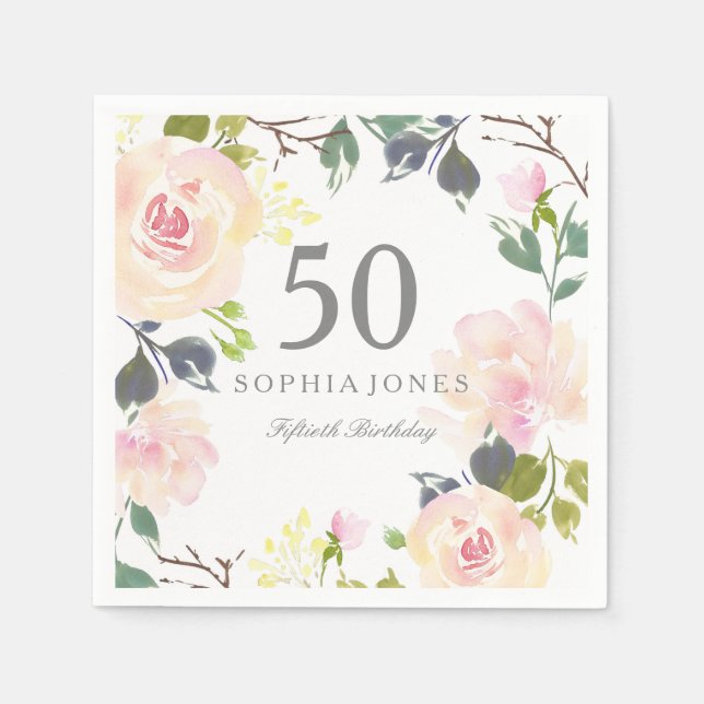 Serviettes Jetables Rose rose élégante 50e fête d'anniversaire (Devant)
