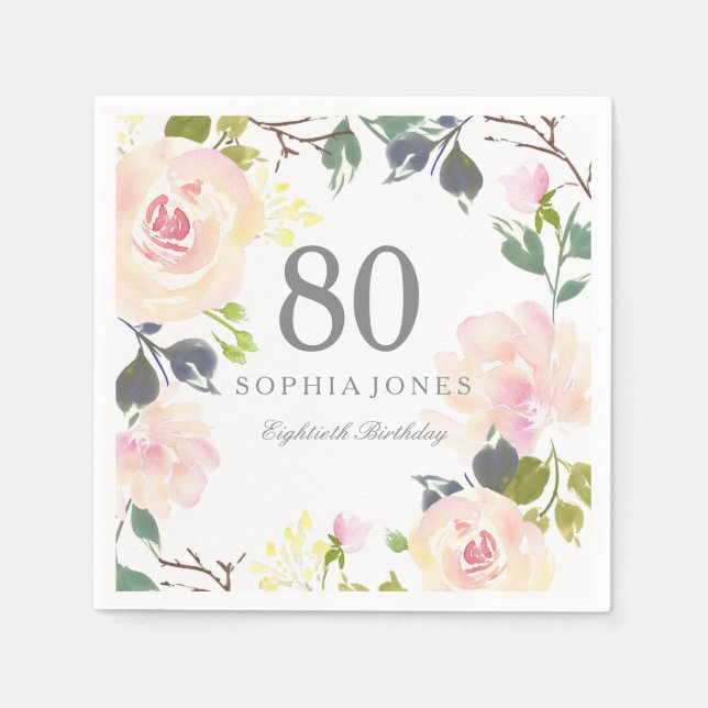 Serviettes Jetables Rose rose élégante 80e fête d'anniversaire (Devant)